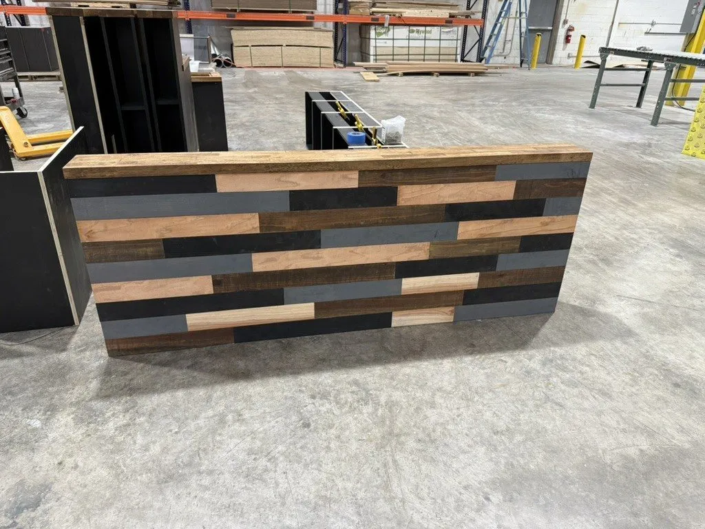 Finished front counter, mixed-wood face
